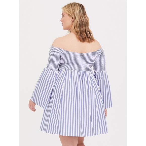 Torrid Blue Stripe Smocked Skater Dress Off The Shoulder Women's Plus Size 1 1X - Picture 5 of 11